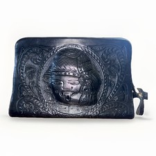 Vintage Hand Tooled Leather Purse Black Floral Calendar and Warrior Design