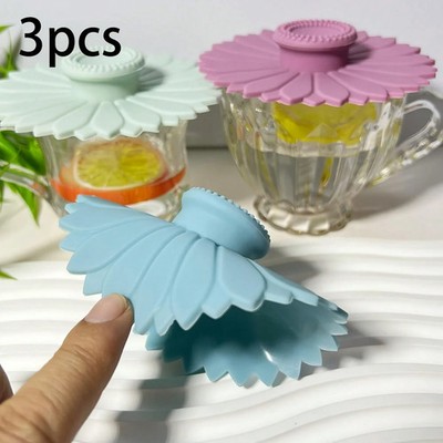3pcs Sunflower Silicone Cup Lids   Multi-Functional Coffee & Tea Covers - NEW