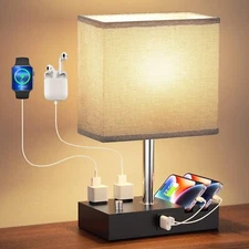 Fully Dimmable Nightstand Lamp with USB C Ports Grey Small Bedside Lamp