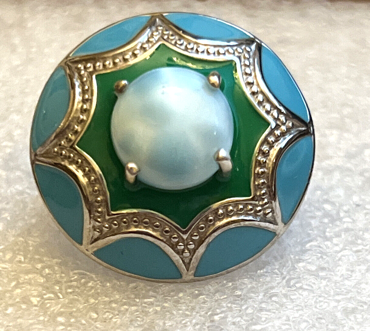 7インチF#+30 Larimar Mother of Platinum Larimar and Enameled Flower Ring 7 Platinum Over Sterling Silver