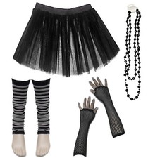 Neon UV Tutu Set Skirt Gloves Leg Warmers Beads Womens 80s Fancy Dress Costume