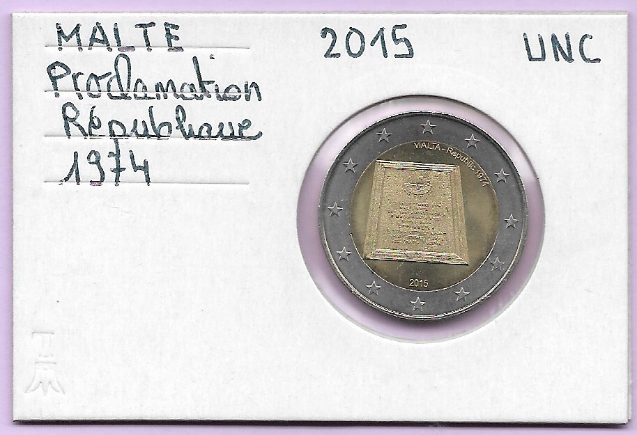 2 Euro MALTE 2015 - PROCLAMATION REPUBLIQUE 1974, 2 € Commémorative UNC ss étui