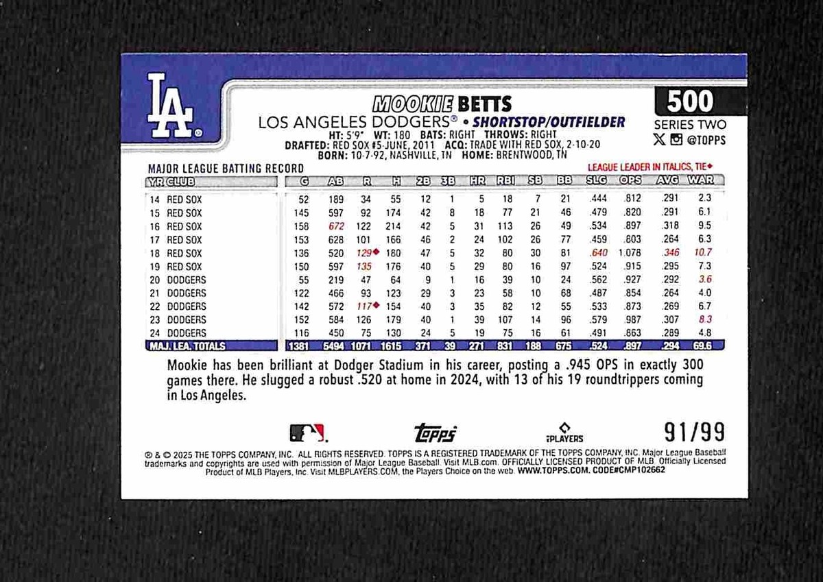 2025 Topps Series 2 - Mookie Betts /99 Green Parallel #500 Dodgers 
