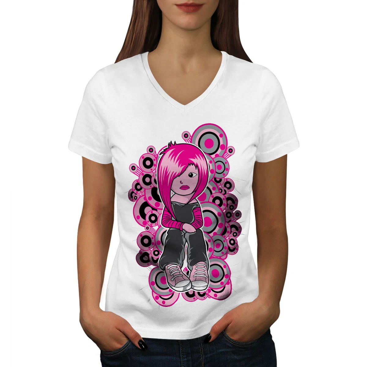 Camiseta Wellcoda Linda Emo Girl Cool Music Mujer Escote en V Camiseta Emo Dise