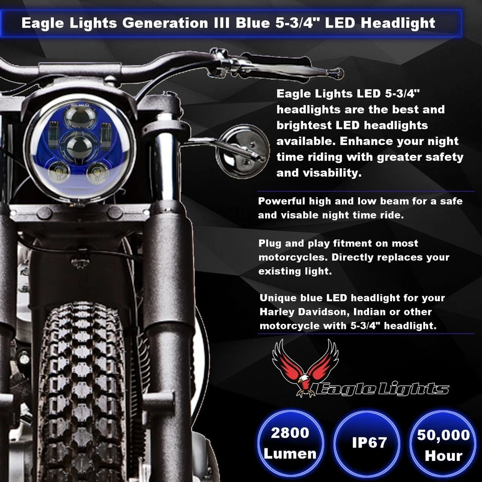 Eagle Lights 5 3/4 дюйма синяя светодиодная проекционная фара Sporster, Dyna & Indian Scout - Изображение 2 из 4
