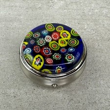 Vintage MILLEFIORI ART GLASS Pillbox Pill Case FLOWERS Cobalt Blue 2W" x .75"T