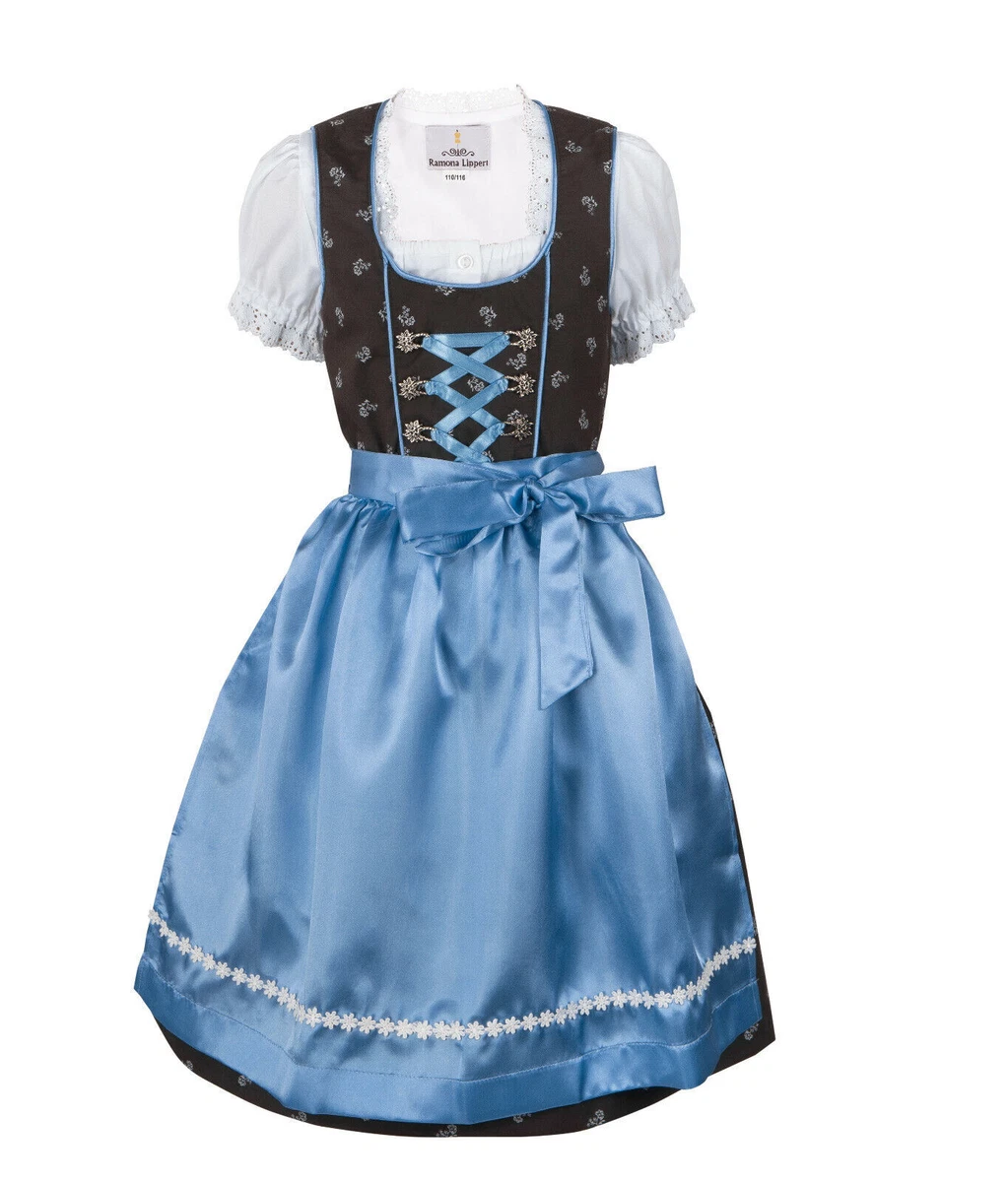 MS-Trachten Set Dirndl Bambina 3 Pezzi – Azzurro, Taglia 128 – Abito Tradizionale Bavarese Con Camicetta E Grembiule, 100% Cotone, Per Oktoberfest E Feste