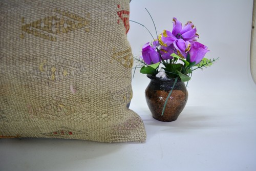 Traditional Beige Hand Knotted Kilim Pillow, 16x16in, Antique Beige Retro Pillow - Picture 4 of 6