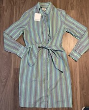 Calvin Klein White Blue Green Striped Tie Front Cotton Shirt Dress Size 8 NWT