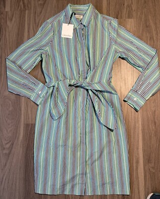 Calvin Klein White Blue Green Striped Tie Front Cotton Shirt Dress Size 8  NWT | eBay