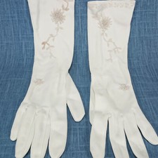 1940s Vintage White Mid Length Gloves with White Beaded Floral Detail by Harilel
