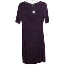 NWT Lauren Ralph Lauren Dress Stretchy Ruched Faux Wrap Top Purple Pink Size 6