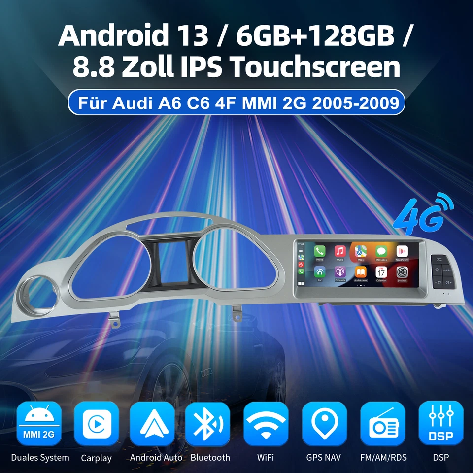 6+128G 8.8" Carplay Autoradio Für Audi A6 C6 4F MMI 2G 2005-2009 Android GPS NAV - Bild 4 von 4