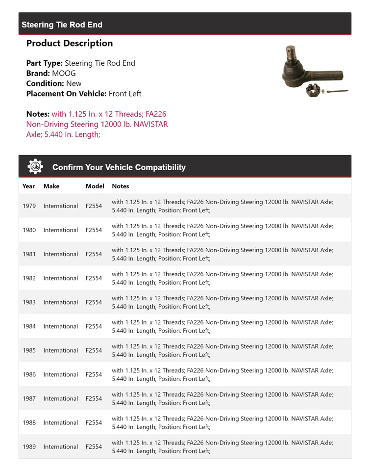 Barra de dirección delantera izquierda MOOG 1979-1989 International F2554 Foto 2 de 4