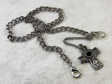 Beautiful Antique Pocket Watch Chain & Cross Charm 12" Silver Color Dual Clasp