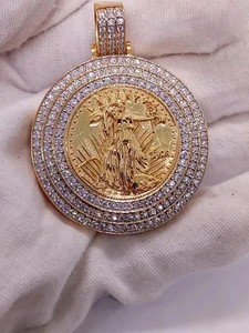 Authentic 2ct Round Cut Lab Created Diamond Coin Men's Pendant 14k Yellow Gold Plated