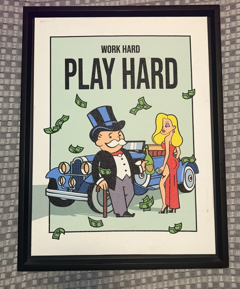 Framed Monopoly Work Hard Play Hard Canvas Print Wall Art - Image 2 of 4