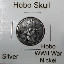 HOBO Skull With Derby Hat Made From A Silver WWII War Nickel SIGNED