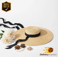 Women Large Wide Brim Straw Summer Hats Ribbon Beach Cap Boater Flat Top Sun Hat