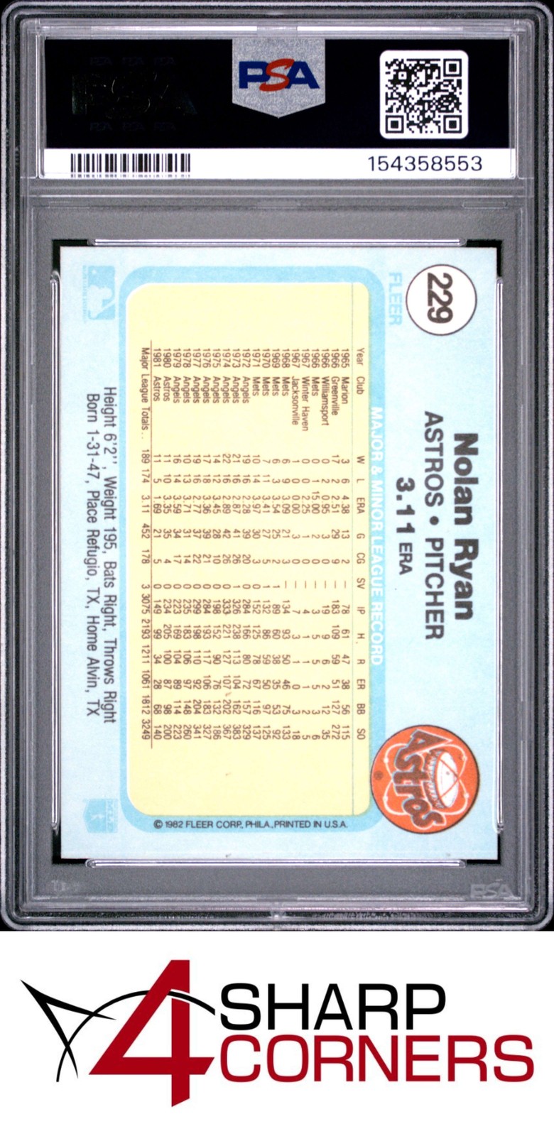 1982 FLEER #229 NOLAN RYAN ASTROS HOF PSA 9 view 2