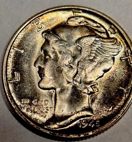 1945 P Mercury Dime - GEM BU + Toned - 90% Silver Winged Liberty 10C