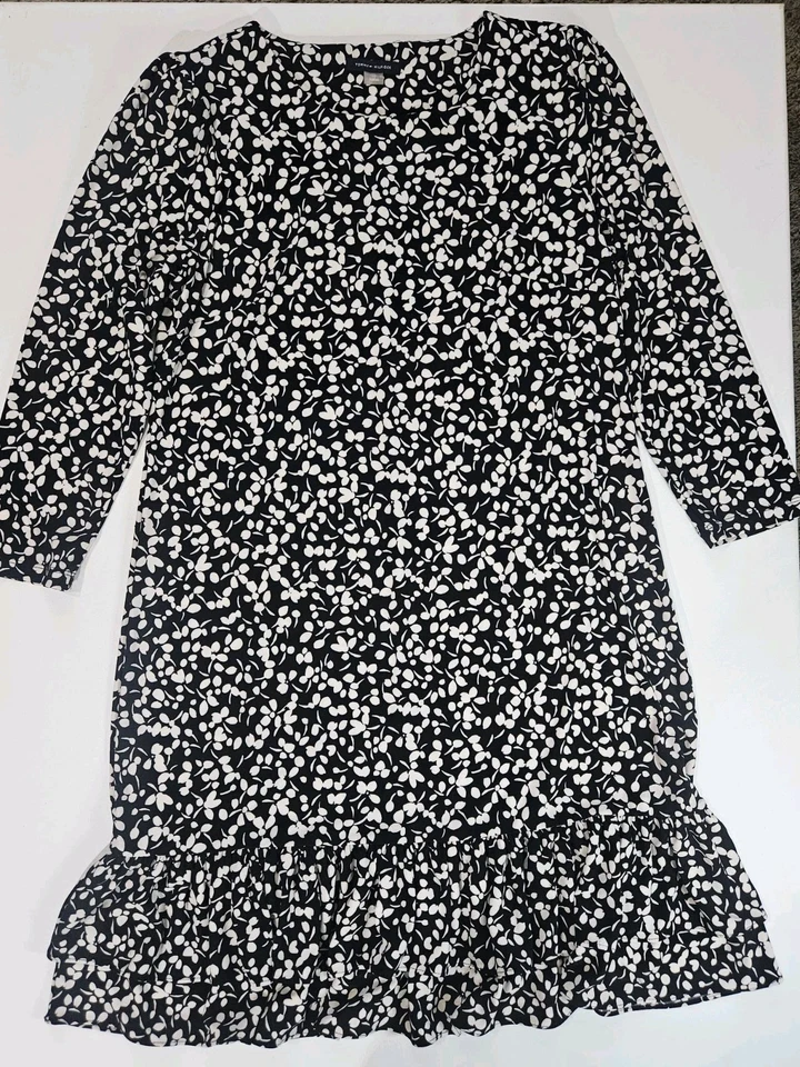 Vestido Tommy Hilfiger Mujer Talla 12 Negro Blanco Floral Volantes Dobladillo Midi Chic Foto 4 de 4