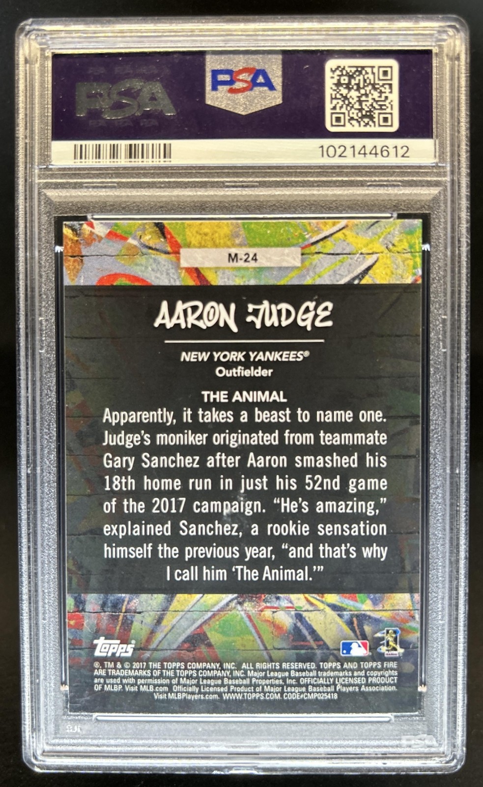 2017 Topps Fire Aaron Judge Monikers Rookie RC #M-24 Yankees PSA 10 GEM MINT view 2