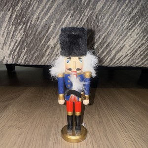 Blue Red Gold Wooden Nutcracker Soldier Figurine Faux Fur Hat Christmas Decor