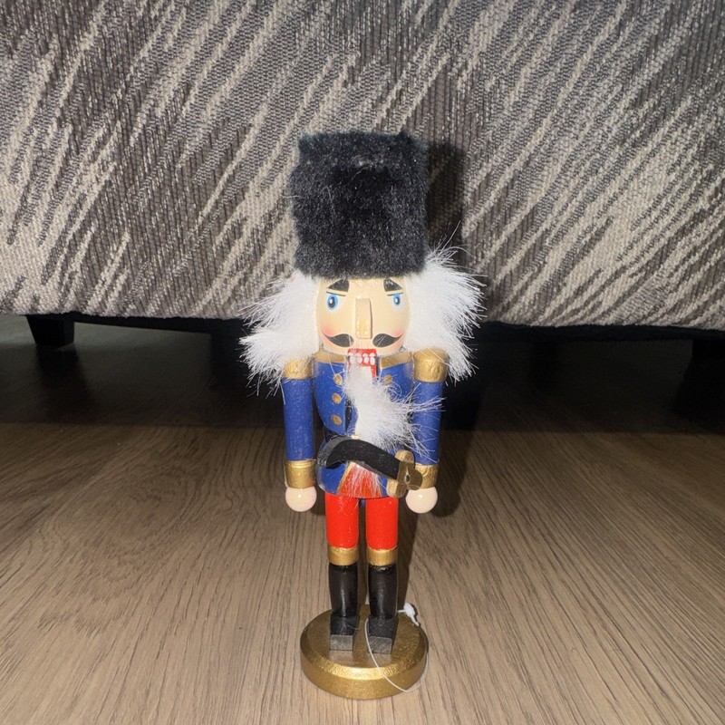 Blue Red Gold Wooden Nutcracker Soldier Figurine Faux Fur Hat Christmas Decor