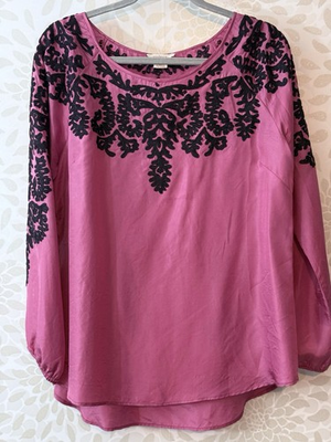 #ad #ad Sundance Women’s M Pink 100% SILK Black Floral Embroidered Peasant Blouse Top $24.99
