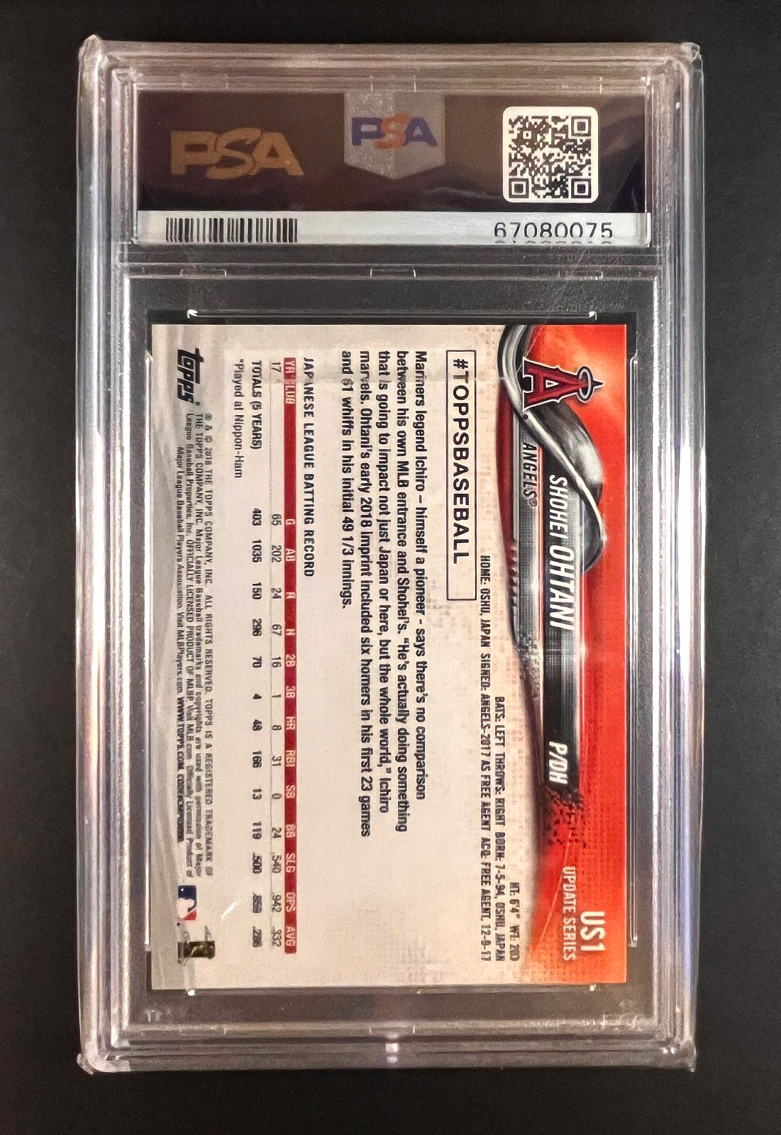 2018 Topps Update Shohei Ohtani Pitching Red Jersey #US1 (RC) PSA 10 GEM MINT view 2