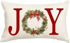 Joy Wreath Outdoor Lumbar Decoration for Home, Christmas Pillow Covers 12x20