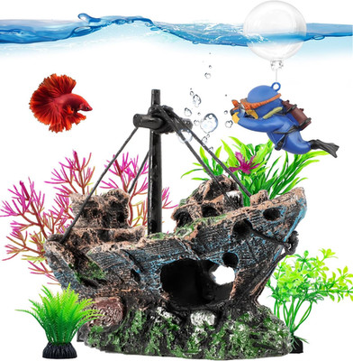 6 Pcs Aquarium Decor Set Shipwreck Decoration Little Diver Floating Fish Tank De
