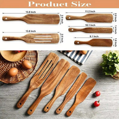 Teak Wood Spurtle Kitchen Cooking Utensil 5 Pcs Non Stick Wooden Spatula Spoon