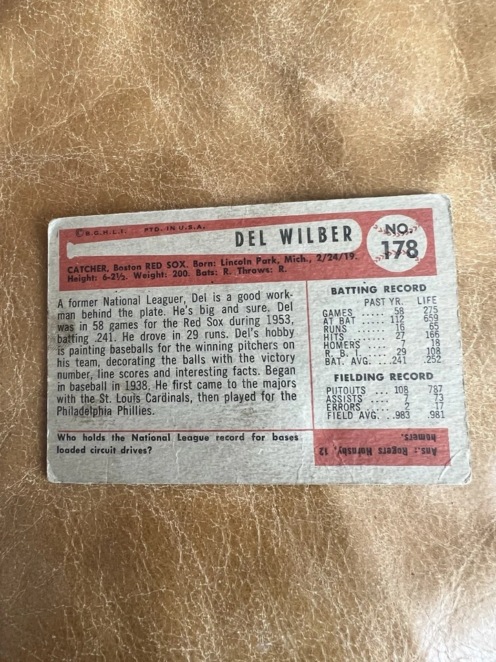 1954 Bowman - Del Wilber #178 Boston Red Sox Catcher ⚾️🔥 - Image 2 of 2