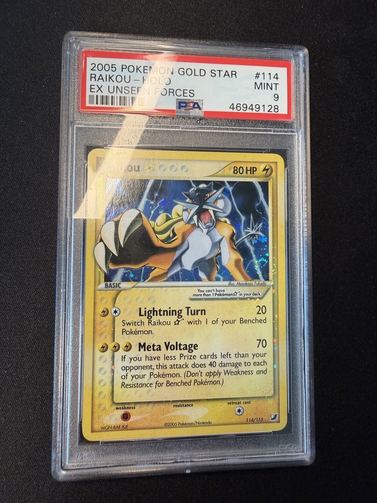 2005 POKEMON EX UNSEEN FORCES GOLD STAR # 114/115 🌀Swirl🌀RAIKOU HOLO 💎PSA 9💎
