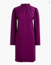 New J Crew Shift Dress Spiced Wine Purple Sz 4 Ruffle Neck Puff Long Sleeve