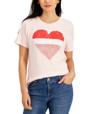 Style & Co Women's Cotton Heart Graphic-Print T-Shirt (Merci Heart PK, Medium)