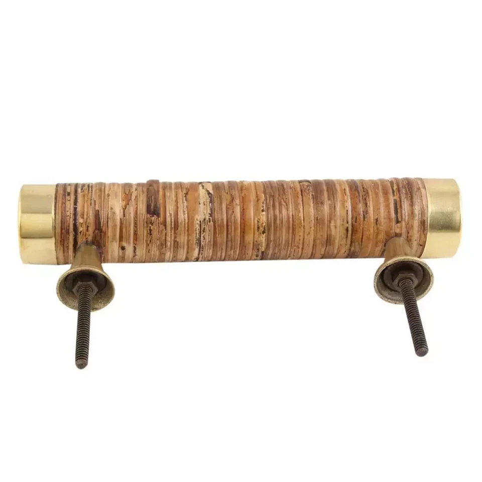 Set of 2 Brass and Wooden Natural Small Round Rattan Cabinet Door Handles - Image 3 of 3