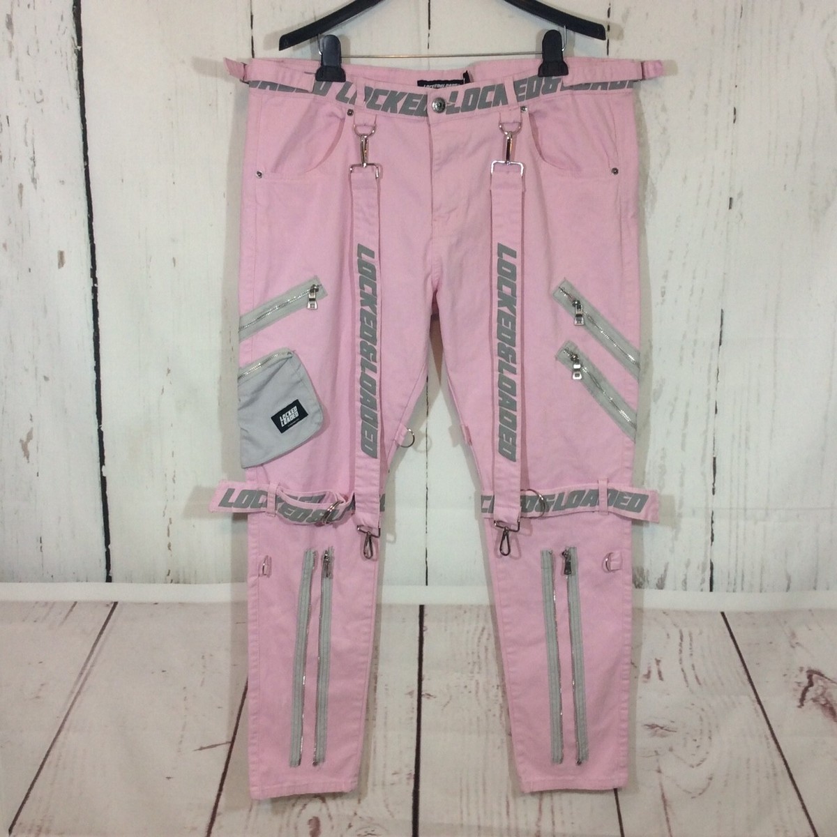 Locked and Loaded Men's Pink Jeans 42x32 Straps Zippers Cargo