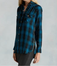 New Womens Designer True Religion M Plaid Top $169 Black Aqua Blue NW Tunic Zip