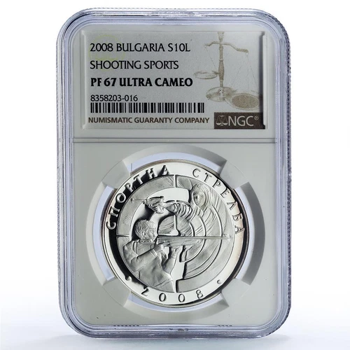 Bulgaria 10 leva Shooting Sports PF67 NGC silver coin 2008