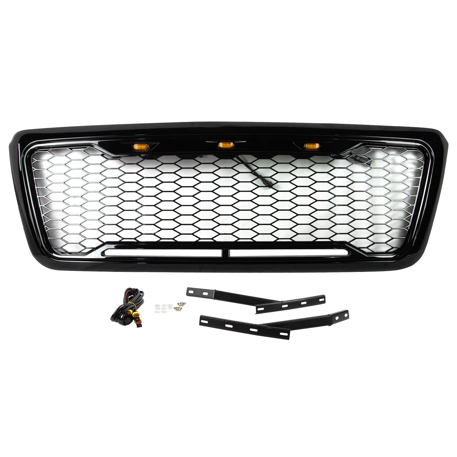Front Bumper Grill Grille Mesh Style W/ LED Glossy Black For 2004-2008 Ford F150
