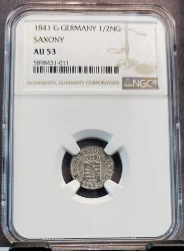 1841 GERMANY SILVER 1/2 NEW GROSCHEN SAXONY NGC AU 53 RARE TOP POP 1