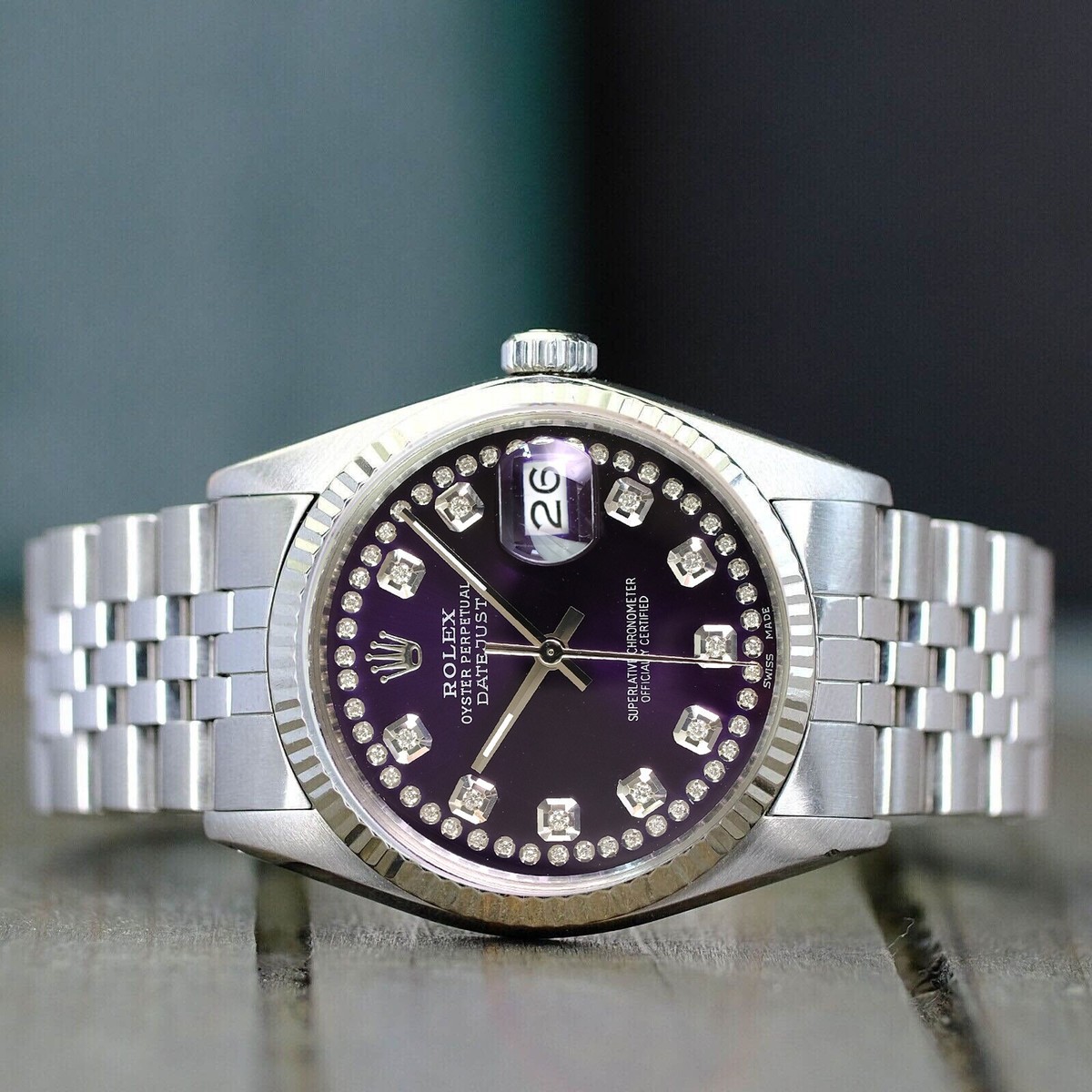 Rolex Datejust 16014 SS Purple Dial 18KW Fluted Bezel Jubilee