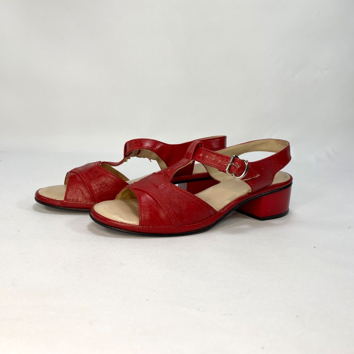 Vtg 70s Charm Step Red Sandals Chunky Heels Open Toe Cushioned