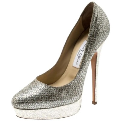 Jimmy Choo Silver Metallic Champagne Lamè Fabric Leather Alex 
