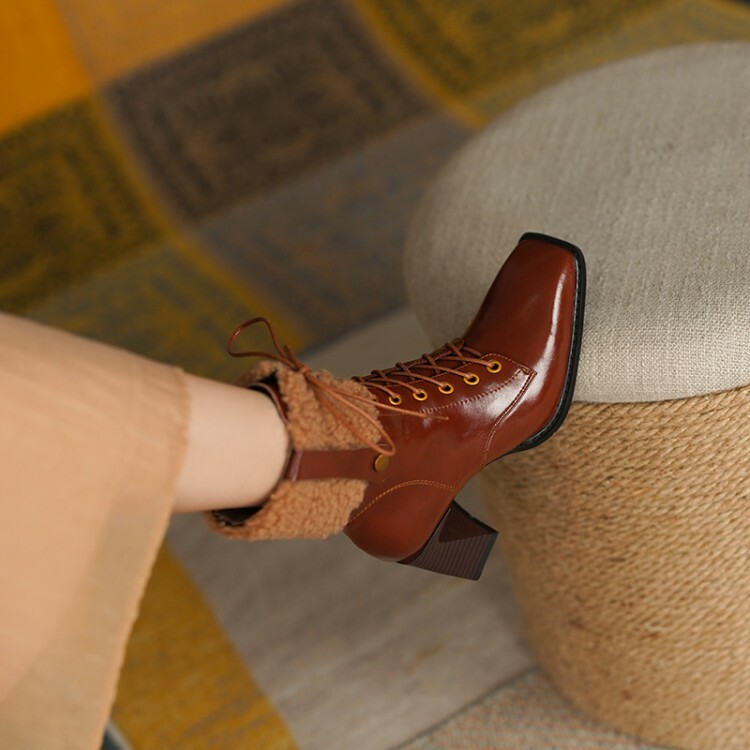 Womens Chic Leather Fur Top Square Toe Block Heel Lace Up
