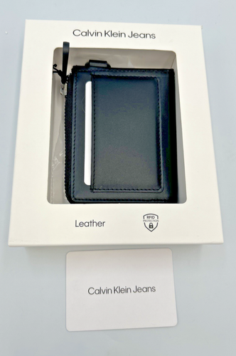 Nuevo Calvin Klein Hombre Cuero Genuino Estuche para Tarjetas Cartera Negro Protección RFID - Imagen 2 de 5