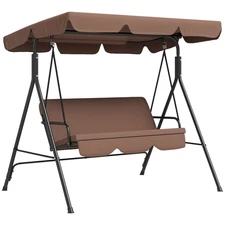 3-Seat Outdoor Patio Swing w/ Stand, Canopy & High-rise Cushion, Brown